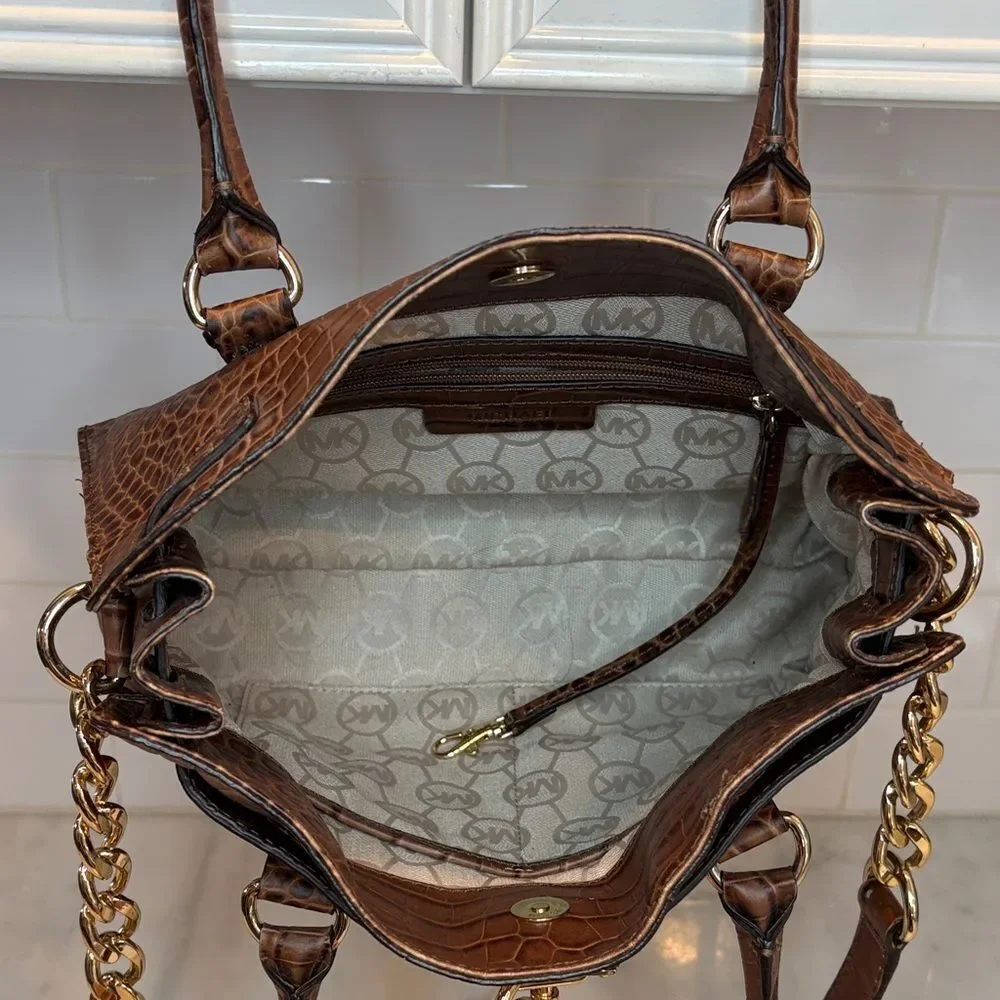 Michael Kors Bag Purse Handbag Croc Embossed Leather Brown Hamilton Tote Bag